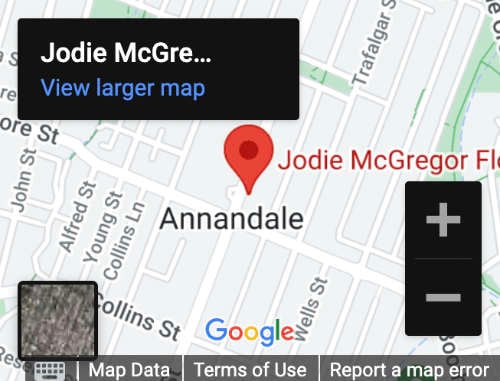 Image of a map with Jodie McGregor Flower's actual store location in Annandale, Sydney. Click here to open Google Maps in a new tab with directions to our flower shop.